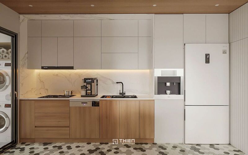 Tủ Bếp Chữ I Kịch Trần 3m5 Gỗ Sáng Tối Giản TBT066